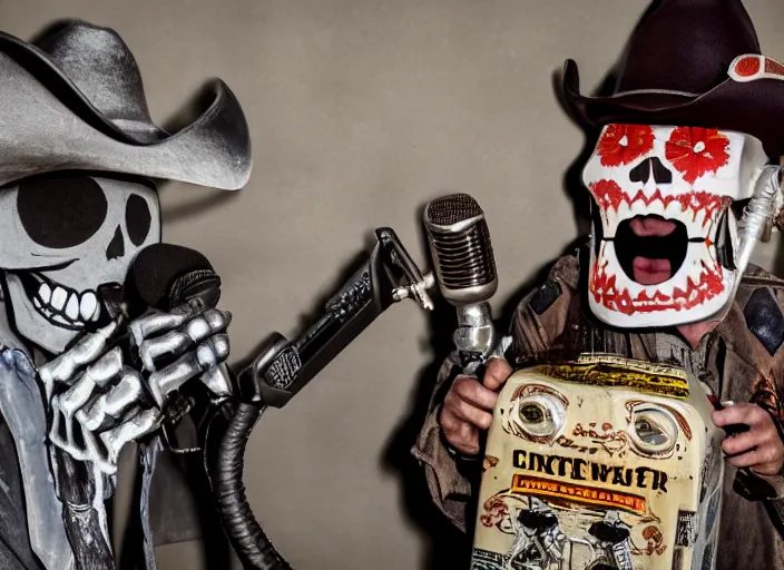 Prompt: an enraged angry skeleton in a cowboy costume shouting into a microphone in a garage filled with radio equipment and piles of beer cans