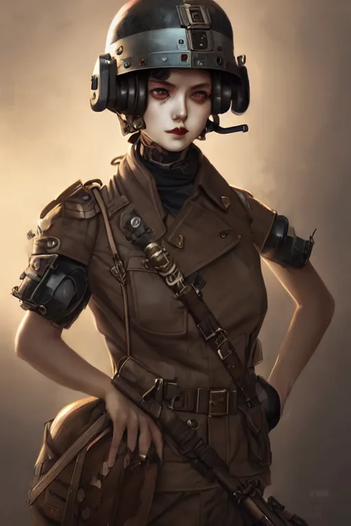 Image similar to dieselpunk soldier girl, helmet, shoulders, chest, portrait, armored, highly detailed, sharp focus, art, illustrations by wlop and ayanamikodon and irakli nadar and loish and rossdraws