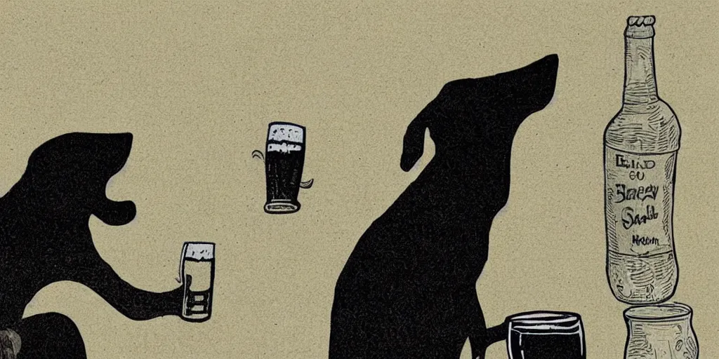 Prompt: illustration of a man with a black dog head drinking beer by richard scary