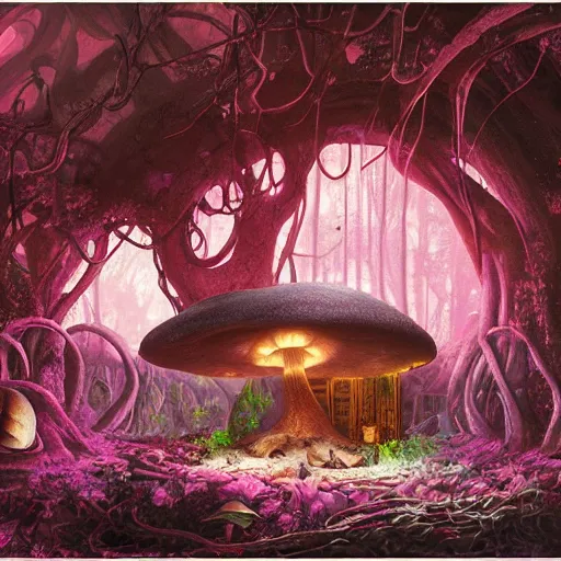 Prompt: concept art painting of a interior of a circular alien fairytale fantasy fungus house inside of a mushroom, with black vines, realistic, detailed, cel shaded, magenta and gray, dark, in the style of makoto shinkai and greg rutkowski and james gurney