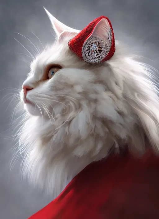 Prompt: side profile of a white and brown ragdoll cat king wearing a crown and red cape, fantasy, digital painting, volumetric light, intricate, sharp, focus, bloom, illustration, highly detailed, concept art, matte, ruan jia, randy vargas, greg rutkowski