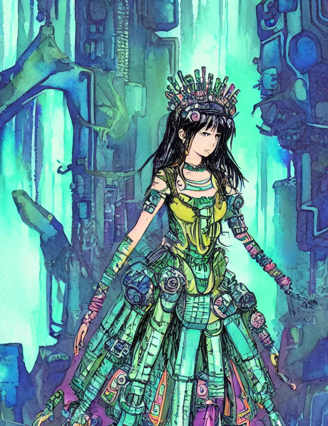 Prompt: aztec scifi princess of the lichen rainforest, wearing a lovely dress with cyberpunk elements. this watercolor painting by the award - winning mangaka has an interesting color scheme, plenty of details and impeccable lighting.