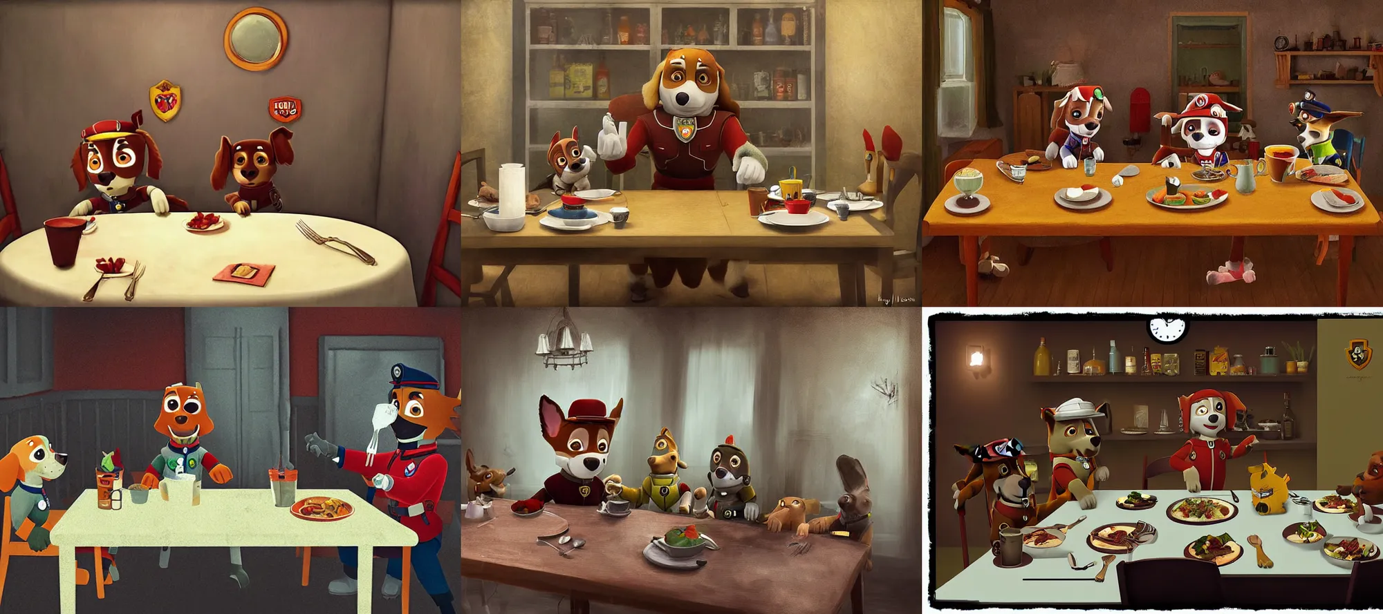 Prompt: maynard paw patrol silent hill eating dinner at a table in the backrooms happiness is temporary by ilse gort