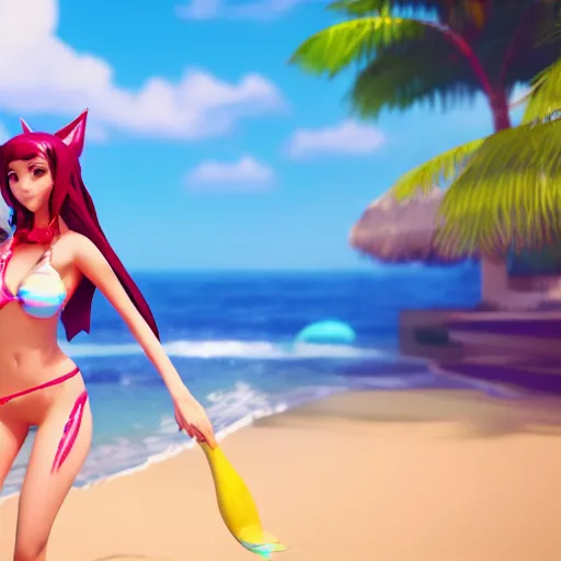 Prompt: beautiful render of pool party Ahri from league of legends looking at the horizon in a hawaii beach, 3d, octane render, realistic, highly detailed, trending on artstation