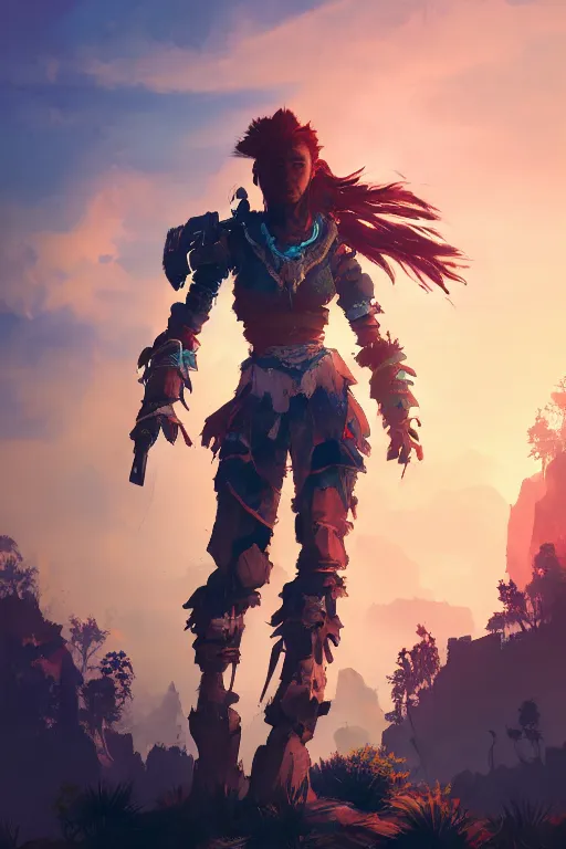 Image similar to combination suit armor aloy horizon forbidden west horizon zero dawn radiating a glowing aura global illumination ray tracing hdr fanart arstation by ian pesty and alena aenami artworks in 4 k tribal robot ninja mask helmet backpack