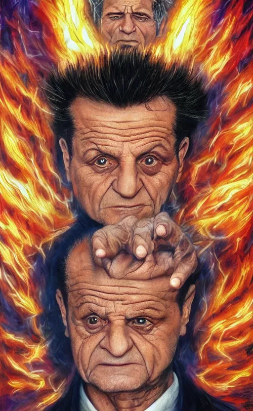 Image similar to joe pesci going super sayan by alex grey, surrealist, 8 k, fantasy, dark, highly detailed