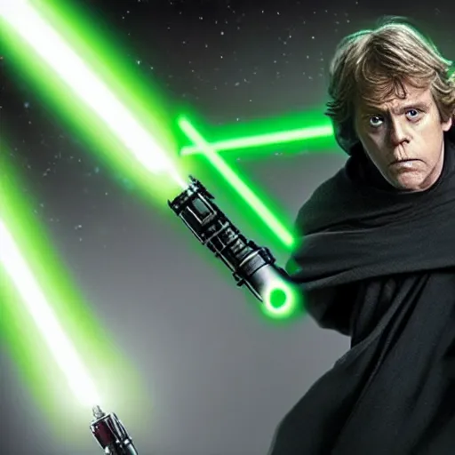 Image similar to luke skywalker holding a green lightsaber wearing a dark cloak