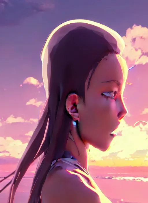 Image similar to side portrait of cute girl, sunset sky in background, beach landscape, illustration concept art anime key visual trending pixiv fanbox by wlop and greg rutkowski and makoto shinkai and studio ghibli and kyoto animation, futuristic wheelchair, symmetrical facial features, future clothing, realistic anatomy, backlit