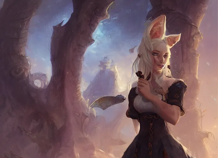 Image similar to a female bard with fox ears standing in a fantasy inn, d & d, official art, by charlie bowater, realistic expressive oil painting, cgsociety, anime style, masterpiece, trending on artstation, attractive and detailed face.