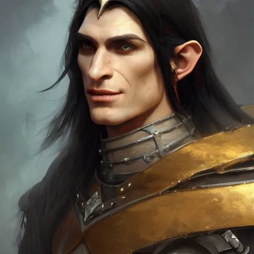 Image similar to character design, portrait of a attractive half elf half orc male with long black hair and proeminent cheekbones, medieval, dark armor, painting by wlop, nixeu and greg rutkowski, beautiful, cgsociety, semirealism, artstation, octane render, sharpness, 8 k, golden ratio