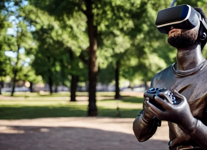 Image similar to photo still of a bronze statue of a man gaming in vr in a park on a bright sunny day, 8 k 8 5 mm f 1 6