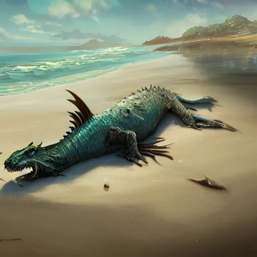 Image similar to a dying beached sea dragon washing up on the shore of a beach by jaime jones, cgsociety, fantasy art, concept art, artstation hd, deviantart hd. highly detailed. dramatic light. masterpiece