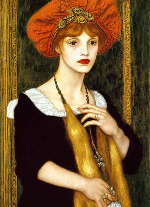 Image similar to portrait of young woman in renaissance dress and renaissance headdress, art by dante gabriel rossetti