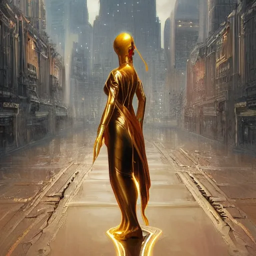 Prompt: a golden android stands alone in a vast city, fog, volumetric lighting, intricate, elegant, highly detailed, digital painting, artstation, concept art, smooth, sharp focus, art nouveau, art by artgerm and greg rutkowski and alphonse mucha