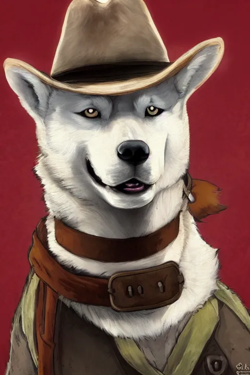 Prompt: a portrait painting of a husky in cowboy costume, wearing a cowboy hat, by studio ghibli, in the style of anime, [ red dead ], humanoid, personify, anthropomorphic, trending on artstation