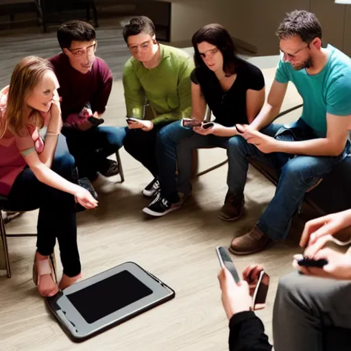 Image similar to a group of adults playing games on their phones while sitting in circle, unreal engine