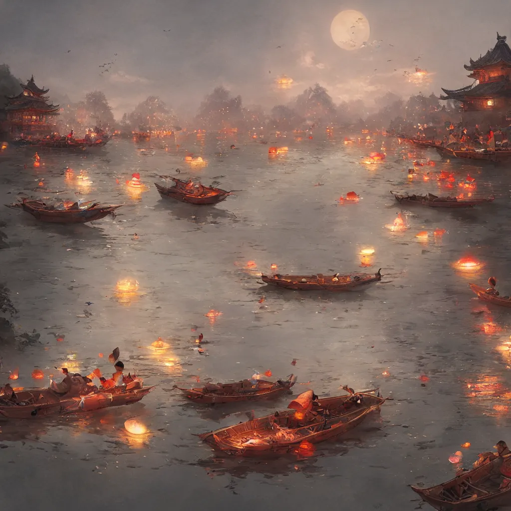 Prompt: grand festival, river lanterns float on the water, chinese watercolor style, trending on artstation, global illumination, radiant light, art by wlop and greg rutkowski,, detailed and intricate environment, 8 k