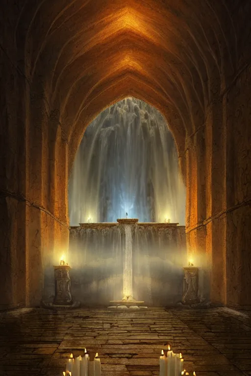 Image similar to detailed Interior of monastery muins, waterfall walls, light of god, light shafts, candles, stunning atmosphere, in style of marc simonetti, cinematic lighting, matte, masterpiece, atmospheric