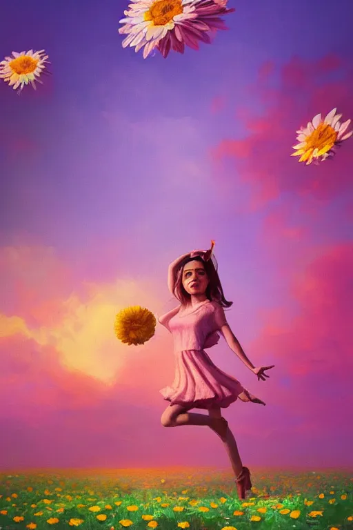 Image similar to giant daisy flower as head, girl dancing in a flower field, surreal photography, sunrise, dramatic light, impressionist painting, colorful clouds, digital painting, artstation, simon stalenhag