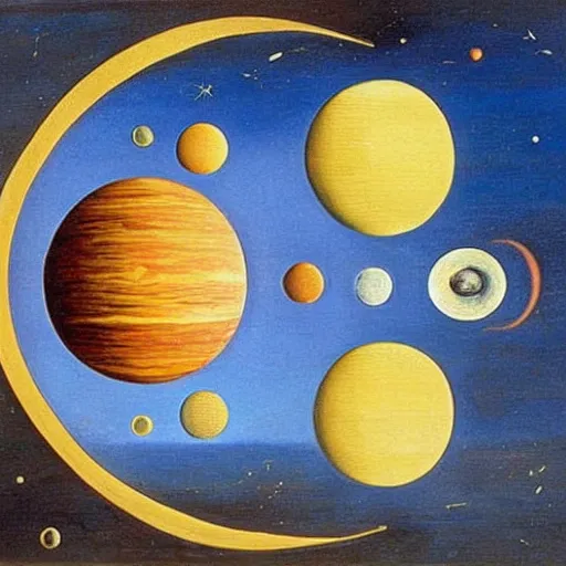 Prompt: planets in a pan looking like a clock by salvador dali painting