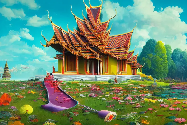 Prompt: summer morning, thai temple, rolling mountain, very coherent and colorful high contrast, art by gediminas pranckevicius, by wes anderson, dark shadows, hard lighting