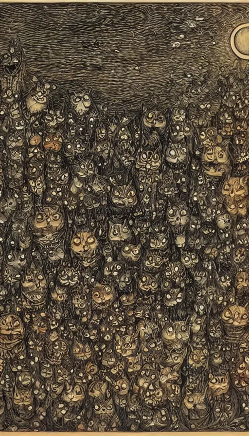 Image similar to The end of an organism, by Louis Wain engraved on a wooden board, collored