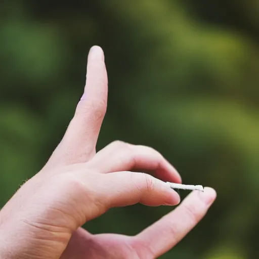 Image similar to normal man's hand with five fingers and a ring and a cigarette between the fingers