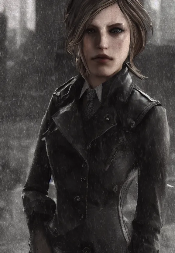 Image similar to cute model annie leonhart posing in dunwall city, beautiful face, detailed face, realistic eyes, cinematic lighting, rainy weather, melancholy atmosphere, volumetric light, gothic architecture, realistic reflections, model agency, instagram photo, depression atmosphere, shot on sony a 7, beauty filter, dishonored 1, postprocessing