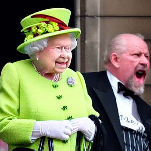 Image similar to mean mister mustard seed, a photo of a mean old man shouting something obscene at the queen.