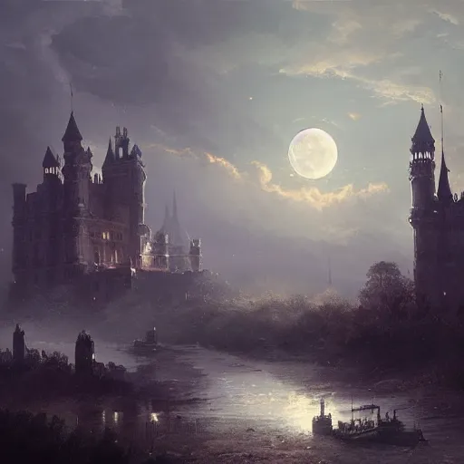 Image similar to a victorian setting, dramatic light, castle background, clouds, moon, storm, night, high detail, fantasy background, painted by greg rutkowski, digital art, trending on artstation