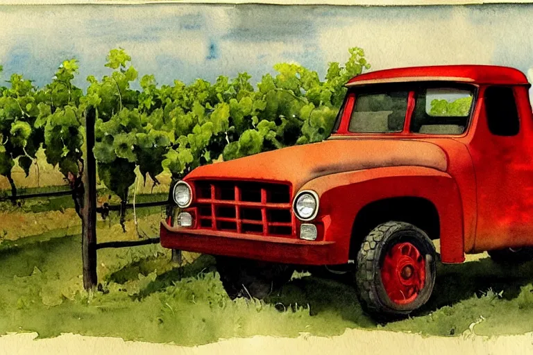 Image similar to dark cool watercolor painting of a vintage red truck in a vineyard by winslow homer