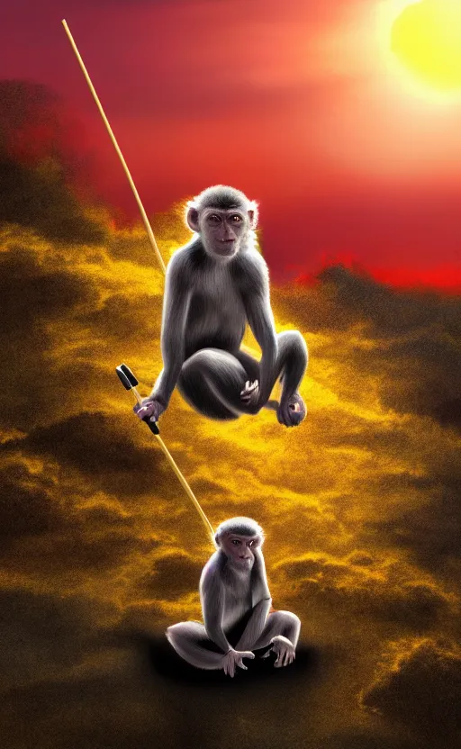 Image similar to photorealistic portrait of Sun Goku the Monkey on his staff meditating on a steep hill Infront of a yellow and red sunset, digital photorealistic art, concept art, trending on art station