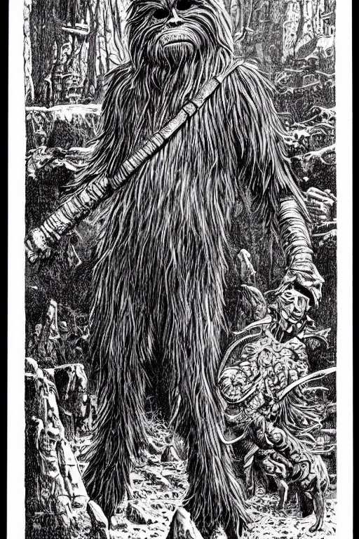 Image similar to a wookie as a D&D monster, pen-and-ink illustration, etching, by Russ Nicholson, DAvid A Trampier, larry elmore, 1981, HQ scan, intricate details, high contrast