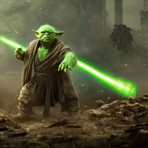 Image similar to yoda as the hulk the hulk in gears of war, splash art, movie still, cinematic lighting, dramatic, octane render, long lens, shallow depth of field, bokeh, anamorphic lens flare, 8 k, hyper detailed, 3 5 mm film grain