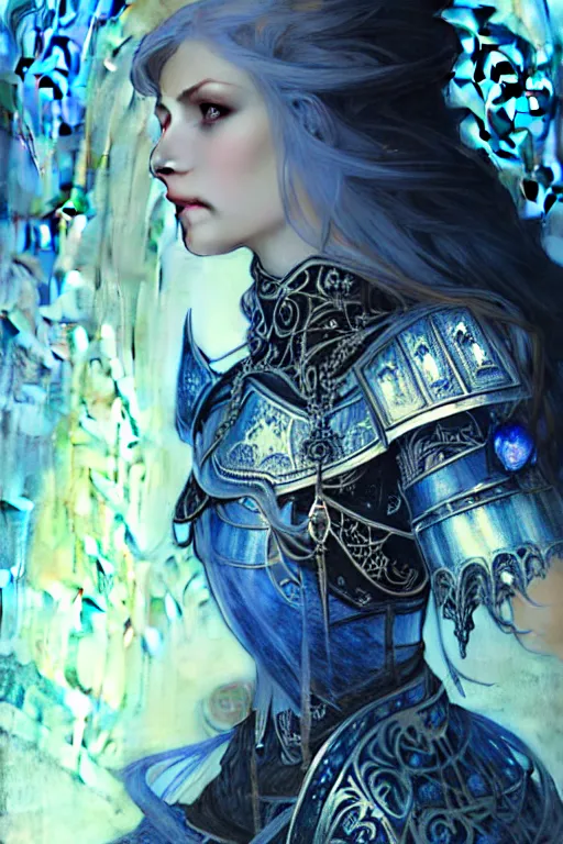 Image similar to beautiful luxury and gothic and victorian and evil medieval female blue & white color armor knight portrait+smoky eyes+light flowing hair, in ruin gothic cathedral, ultradetail face, art and illustration by tian zi and craig mullins and WLOP and alphonse mucha, fantasy, intricate complexity, human structure, fantasy world concept, watermark, blurry, hyperrealism 8k