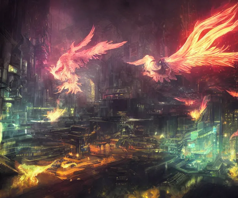 Image similar to neo tokyo, high fantasy, final fantasy, concept art, video game, phoenix flames