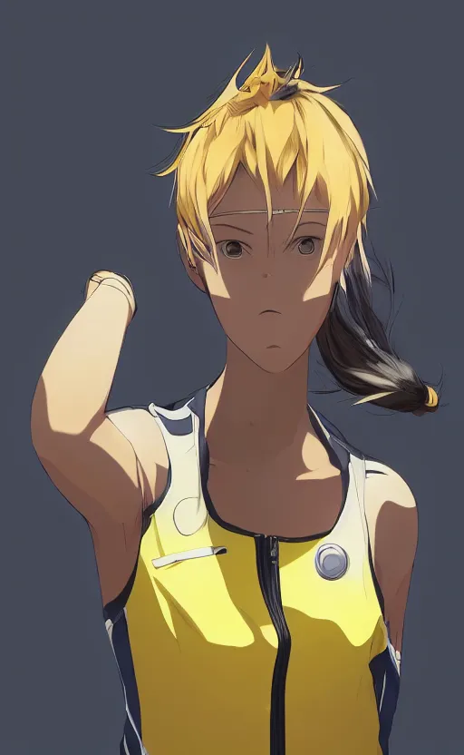 Image similar to character design, manga style, realistic lighting, futuristic solid colors, made by nakaaki masashi, safebooru, from arknights, female beach volley player, elegant, futuristic yellow lens, sport clothing, simple background