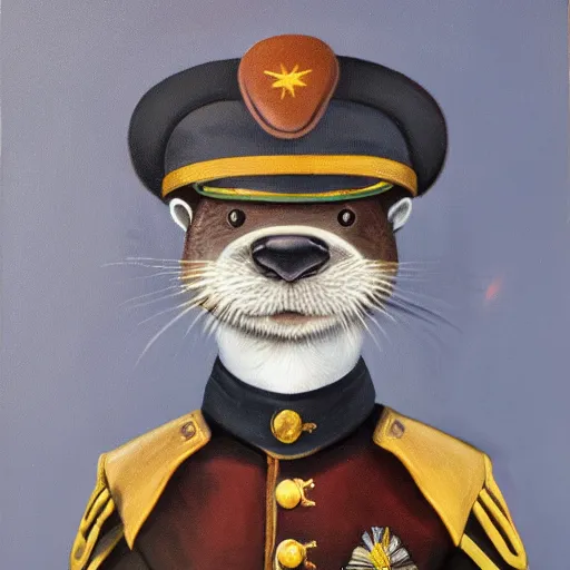 Image similar to oil painting of an anthropomorphic otter in military uniform