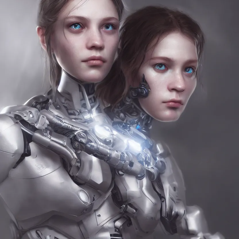 Image similar to hyperrealistic photo of a cyborg girl, volumetric lighting, portrait, epic, cinematic lighting, masterpiece, trending on artstation, very detailed, stunning