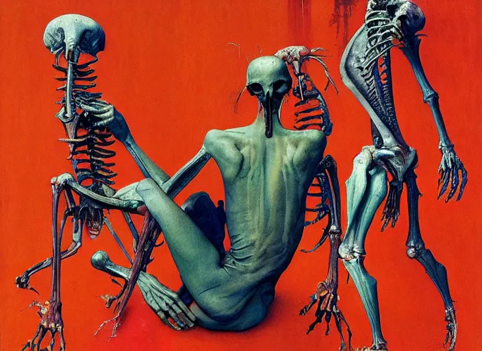 Prompt: a deity meeting a poor beggar in the style of francis bacon, tristan eaton, victo ngai, edward hopper and norman rockwell, zdzislaw beksinski, by greg rutkowski, exotic vegetation, vibrant red background, whale skeleton, a still from the film alien, hyperrealism