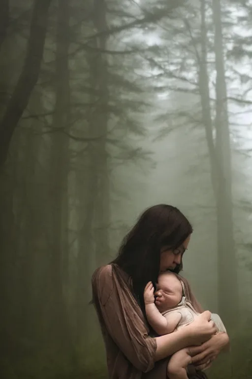 Prompt: a cinematic photo of a young woman with dark hair holds a baby in a dark, foggy forest, masterpiece