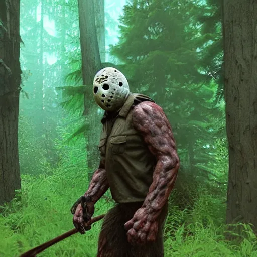 Image similar to jason voorhees fighting bigfoot in the forest, landscape, unreal engine art, hyper realistic