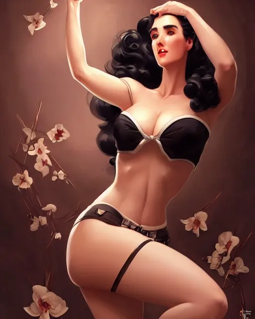 Image similar to a pin up and beautiful fashion charming dreamlke jennifer connelly, symmetrical face symmetrical eyes, character art, art by artgerm lau and wlop and and ilya kuvshinov and john singer sargent, joshua middleton comic art, hyperdetailed, 8 k realistic, symmetrical, frostbite 3 engine, cryengine, digital art