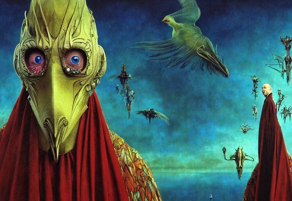 Image similar to realistic detailed portrait movie still of a birdman wearing dark robes, sci fi city landscape background by denis villeneuve, amano, yves tanguy, alphonse mucha, ernst haeckel, max ernst, roger dean, masterpiece, rich moody colours, blue eyes, snarling dog teeth