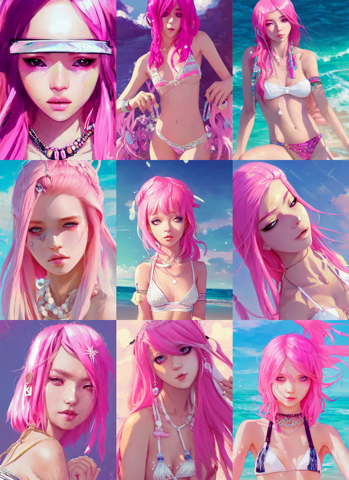 Prompt: portrait of a beautiful stunning girl with pink hair with boho accessories, in white reflective bikini at beach, glossy, top lighting, cute face, big eyes, highly detailed, seraphine ahri kda, art by krenz and wenjun lin and starember and kuvshinov ilya and kidmo and rossdraws and artgerm