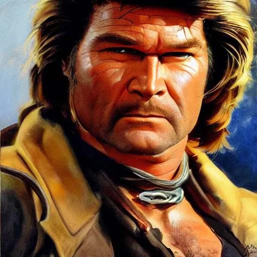 Image similar to ultra realistic portrait painting of kurt russel as a western outlaw, art by frank frazetta, 4 k, ultra realistic, highly detailed, epic lighting