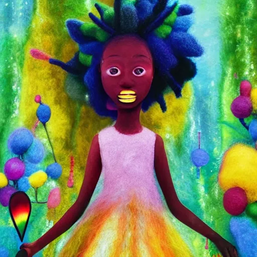 Image similar to a black girl with a colorful dreadlocks and rainbow eyes, in a candy forest! at night, bokeh, bright colours, watercolor, volumetric wool felting, macro photography, children illustration, by goro fujita