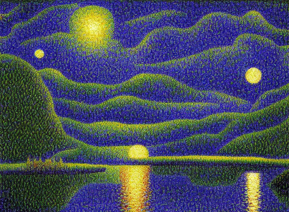 Prompt: a peaceful mountain valley with a lake at night, crescent moon, pointillism, style of georges seurat and paul signac, 4 : 3 aspects