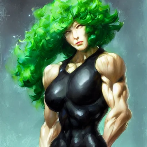 Prompt: muscular tatsumaki by daniel gerhartz, curled emerald hair, trending on artstation