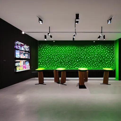 Prompt: interior photography of a Microsoft Samsung flagship store, black walls, balanced, wood, eye-catching, polished concrete, spotlights, verdant plant wall, white neon, award winning interior design, patterns, retaildesignblog, dezeen, 14mm, 8k, cinestill, pentax, film